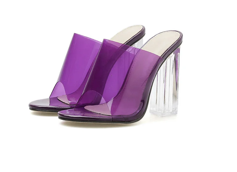 Женские шлепанцы; Цвет фиолетовый, желтый; из чистого ПВХ; прозрачные летние шлепанцы на высоком квадратном каблуке; босоножки; Туфли-лодочки; размер 42