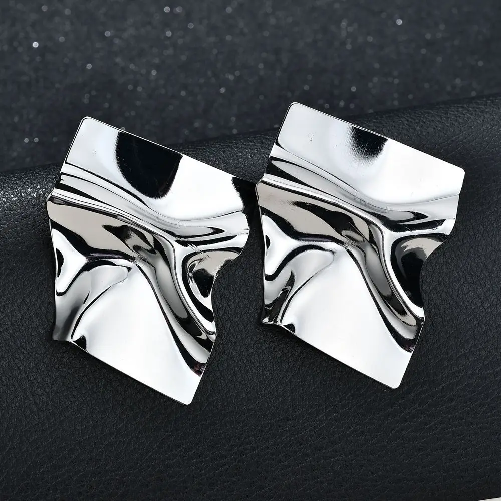 

Silver Irregular Square Geometric Stud Earrings Wrinkled Paper Metal Women Trendy Gift Jewelry