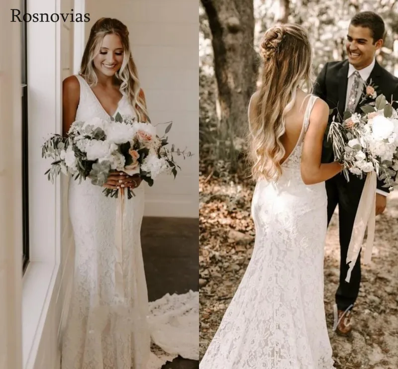 Boho Country Mermaid Wedding Dresses 2019 V Neck Backless Modest Garden Beach Lace Bridal Gowns Dress Robe De Mariée | Свадьбы и