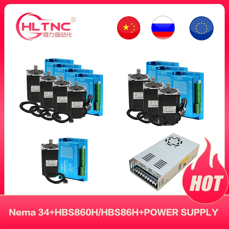 EU/RU warehouse!! Nema34 4.5N 8.5N 12N.m Closed Loop servo Motor+HBS860H servo driver+encoder cable+400w60v POWER supply for CNC