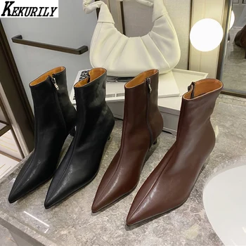 

Fashion Ankle Boots Women Pointed Toe Short Boot Vintage Zip Med Heels Shoes Autumn Winter Chelsea Booties Mujer Black Brown