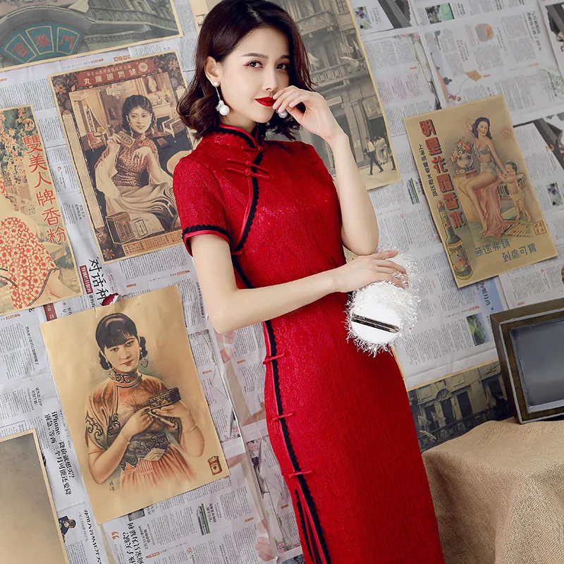 

2019 chinese dress women evening party dress gown elegant long qipao sexy lace split cheongsam chinese red bride wedding dress
