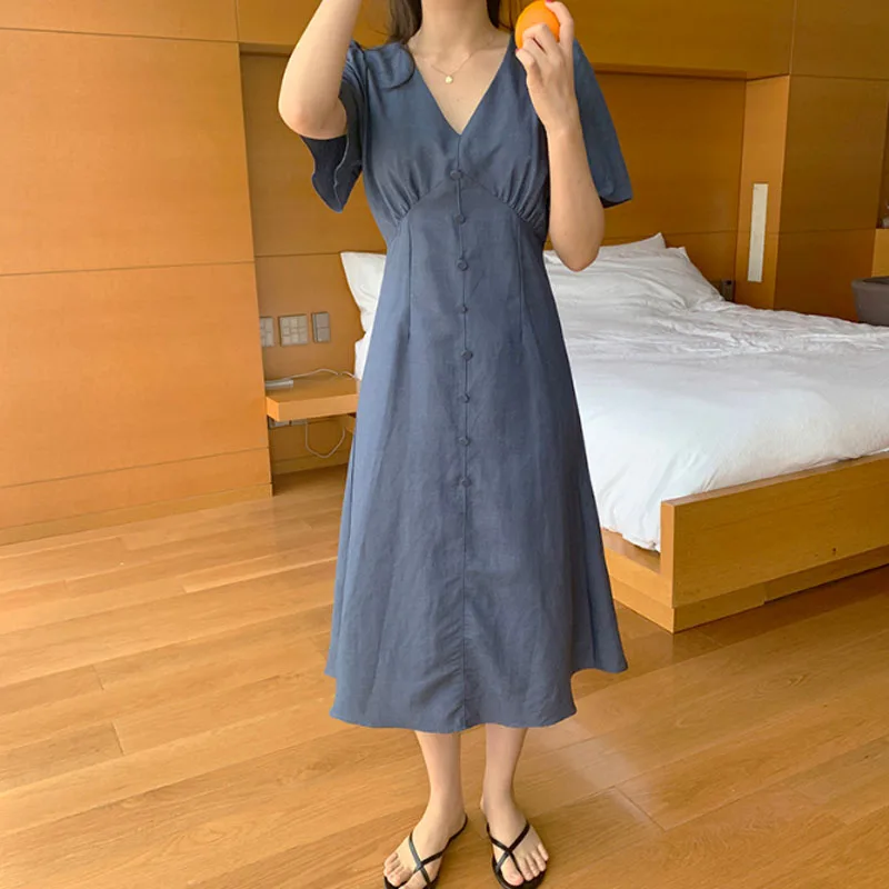 Korean V Neck Sexy Buttons Plus Size Summer Dress Girls Boho Party Female Vintage Dress Short Sleeve Women Dresses Robe Vestido