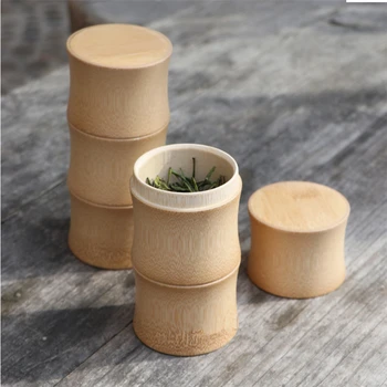

2 Size Bamboo Storage Bottles Kitchen Tea Container Jar Cans Case Organizer Spice Round Caps Seal Box Canister For Bulk Products