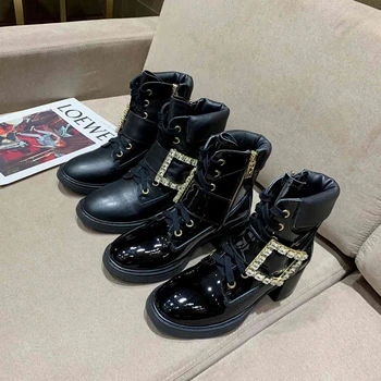 

Crystal drill thread boots Ladies high-heeled ankle boots Genuine leather women's Round toe women's shoes Mid-heeled