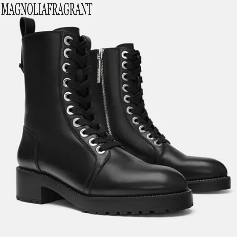 

new Motorcycle Boots Women Autumn Round Toe Lace-up Black Boots Shoes Street Outdoor Style Girls short Boots botas mujer y766