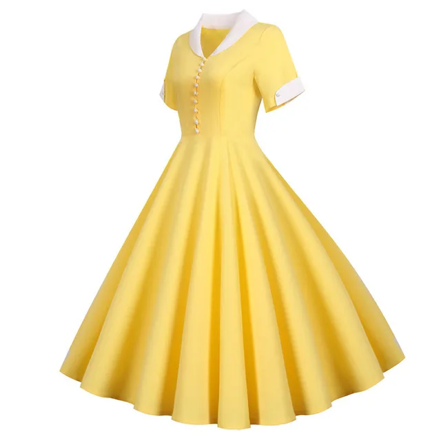 2022 Women Vintage Slim Summer Dress Solid Yellow Short Sleeve High Waist Elegant Office Party Midi Sundress Classic Robe Femme 2