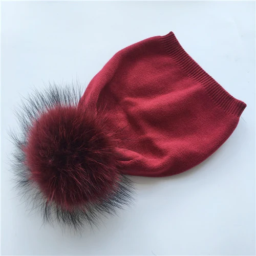 Red match fur Шерстяная хлопковая вязаная шапка с меховым понпоном, женская зимняя меховая норковая шапка, осенне-Весенняя вязаная шапка, шапка из натурального меха енота - Цвет: Red match fur