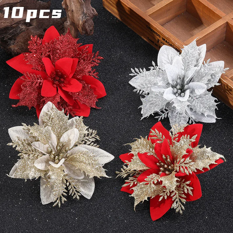 5pcs Artificial Christmas Flowers Glitter Fake Flowers Merry Christmas Tree Decoration Home DIY Xmas Gifts Ornament Navidad