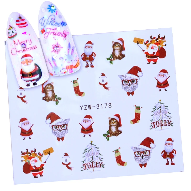 1 шт рождественские наклейки для ногтей Водные Наклейки Снеговик Санта Клаус Олень Дизайн ногтей год слайдер маникюр Полный Обертывания инструмент - Цвет: YZW-3178