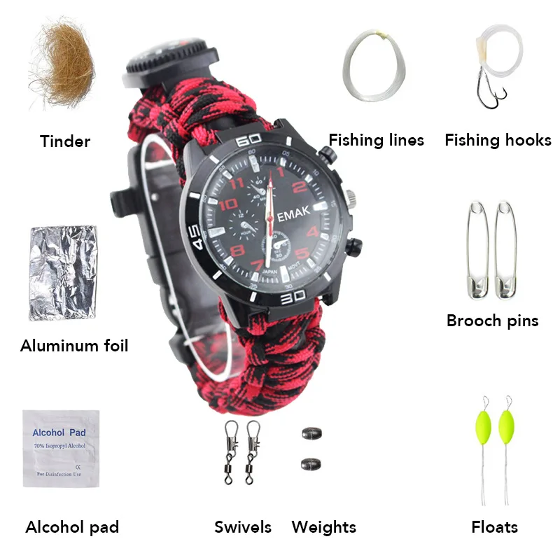 

2019 The New Survival Watch Outdoor Camping Medical Multi-functional Compass Thermometer Rescue Bracelet Equipment Tools Kit