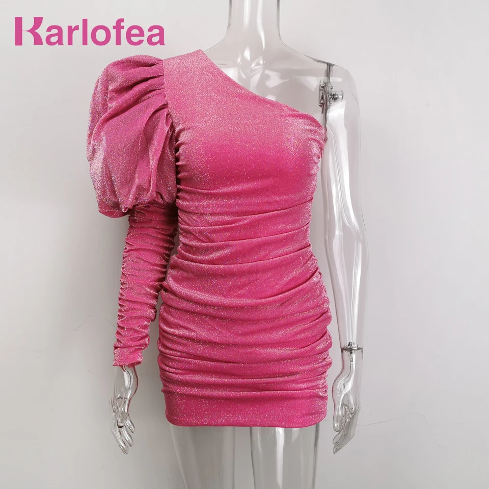 Big Discount OBI4Q Karlofea Female New Elegant Spring Outfits Dress Chic Sparkly Ruched Mini Dress Lovely One Shoulder Puff Sleeve Club Party Dress