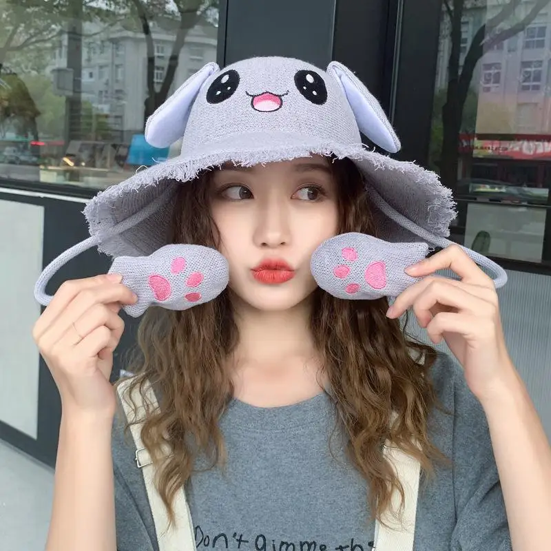DSstyles 1 шт. ухо будет перемещать sunhat хлопок вязать шляпа может двигаться Уши милый кролик Sunhat - Цвет: gray