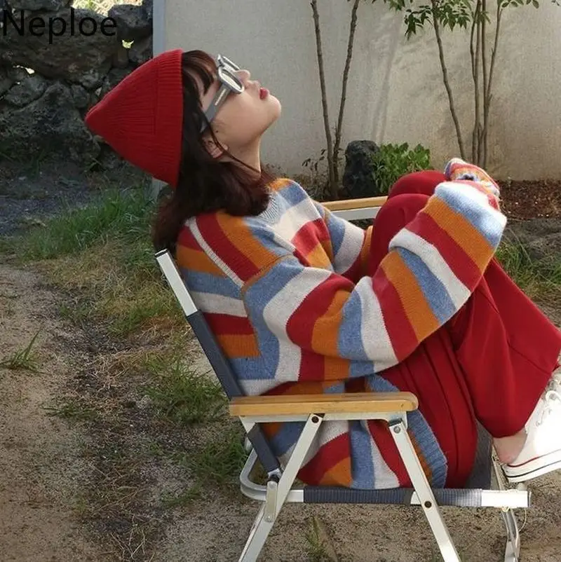 Neploe Harajuku Радужный негабаритный вязаный свитер для женщин BF Свободный пуловер корейский осень уличная одежда для девочек студенческий Повседневный свитер