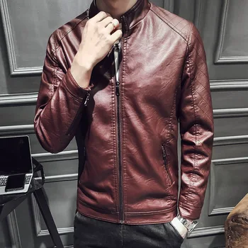 

HOO 2020 young men pure color cultivate one's morality type PU leather jacket collar locomotive PU leather