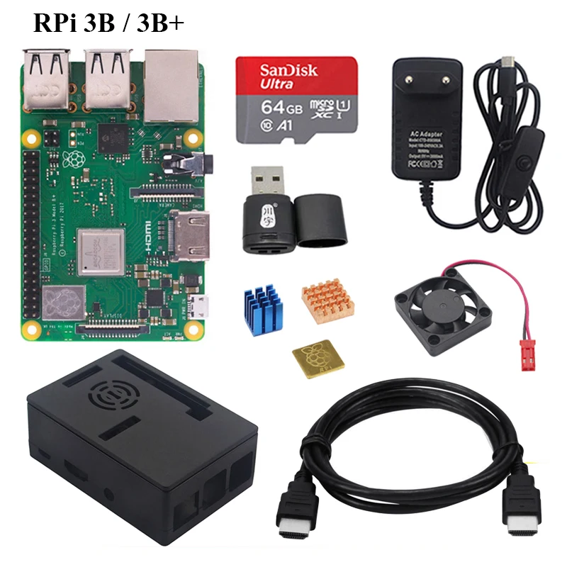 Kit de ventilador de refrigeración Raspberry Pi 3 Original, adaptador de fuente de alimentación, disipador de calor para RPi 3B Plus Pi3 B 3B +