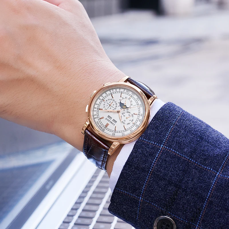42mm Corgeut Watches Mechanical wristwatches moon Phase Watches Silver Year Day Month Week 316L SS Case Automatic Watch For men 6