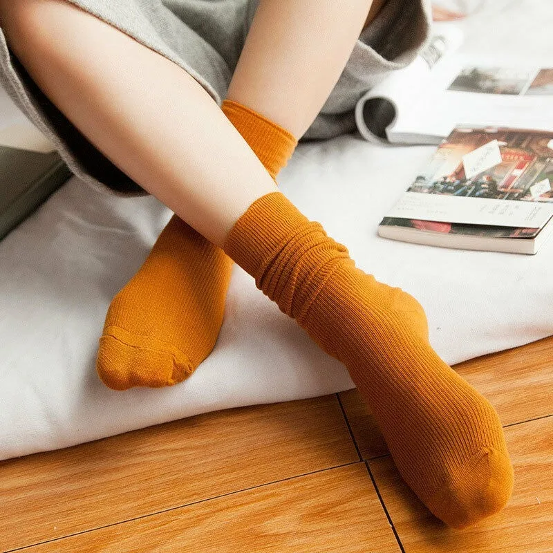 Japanese Style High School Girls High Socks Loose Solid Colors Double Needles Knitting Cotton Long Socks Women