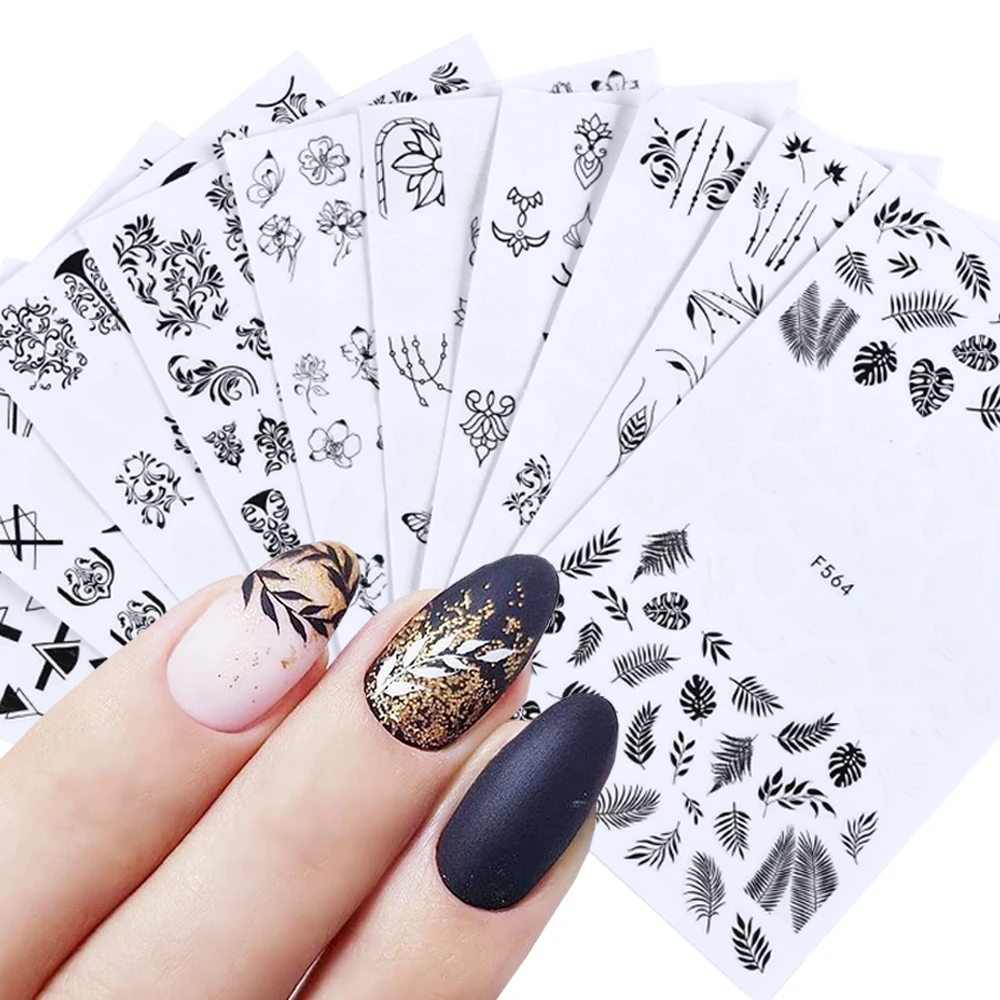 1 шт Черный Белый Лист наклейки для ногтей переводная наклейка цветок Геометрическая Татуировка слайдер для украшения ногтей советы LAF564-573-1