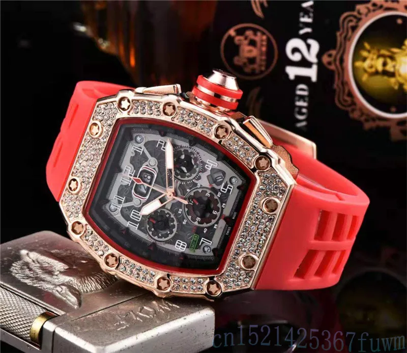 Роскошные брендовые дизайнерские кварцевые часы с большим циферблатом и бриллиантами, мужские военные Резиновые наручные часы с большим циферблатом, мужские часы с кожаным ремешком, лидер продаж - Цвет: Розовый