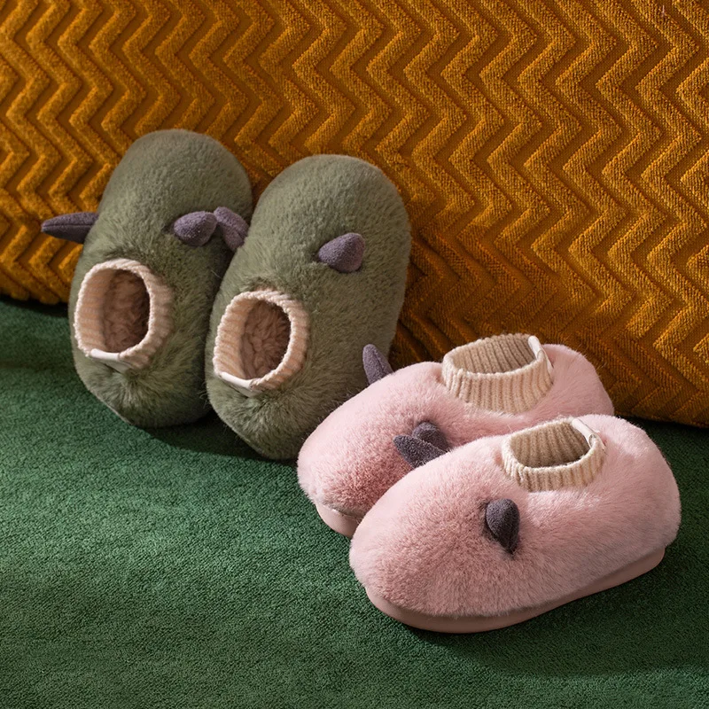 2021 New Warm Winter Kids Slippers Adults Toddler Baby House Shoes Indoor Home Cute Cartoon Horns Furry Moccasin Parent-Child