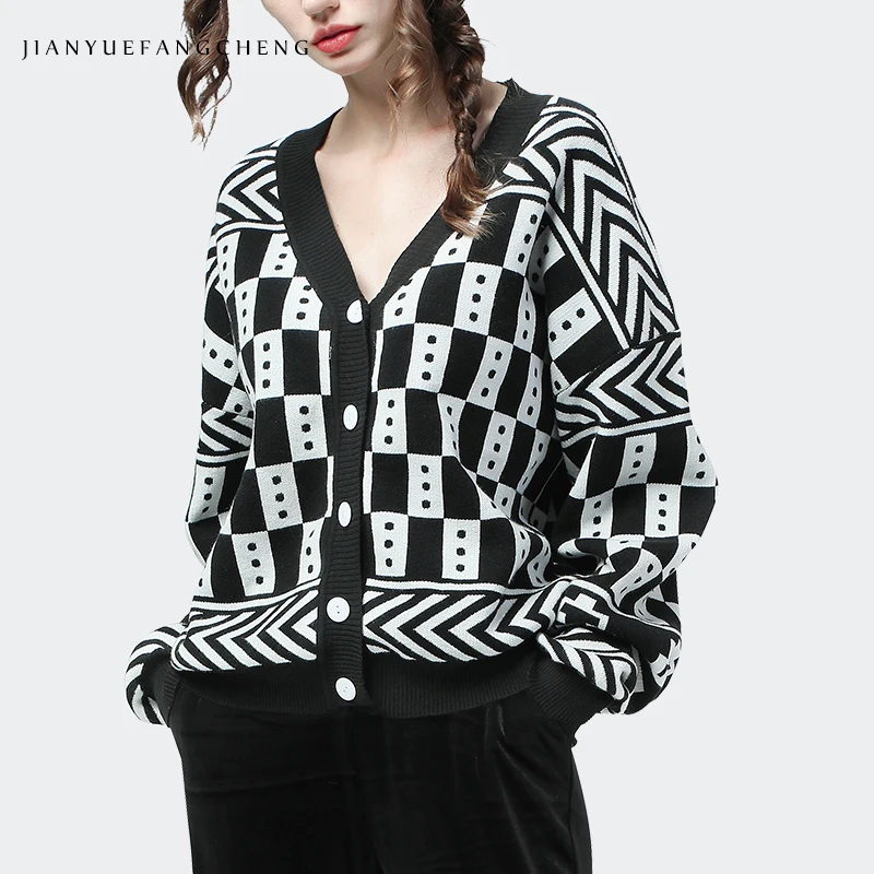#^Special Price Women Plaid Sweater Plus Size Loose Fat Long Sleeve V-Neck Cardigan Fashion Knitted Thicken Warm Sweaters Lady Casual Winter Top