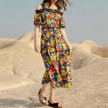 

VERDEJULIAY Women 100% Cotton Dress Summer Runway Fashion Off The Shoulder Flower Print Ruffles Party Holiday Beach Dress