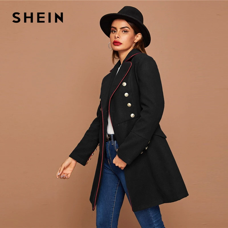 SHEIN черный воротник с лацканами Золотая пуговица деталь контрастный окантовка пальто зимнее с длинным рукавом Элегантная Верхняя одежда длинные бушлат