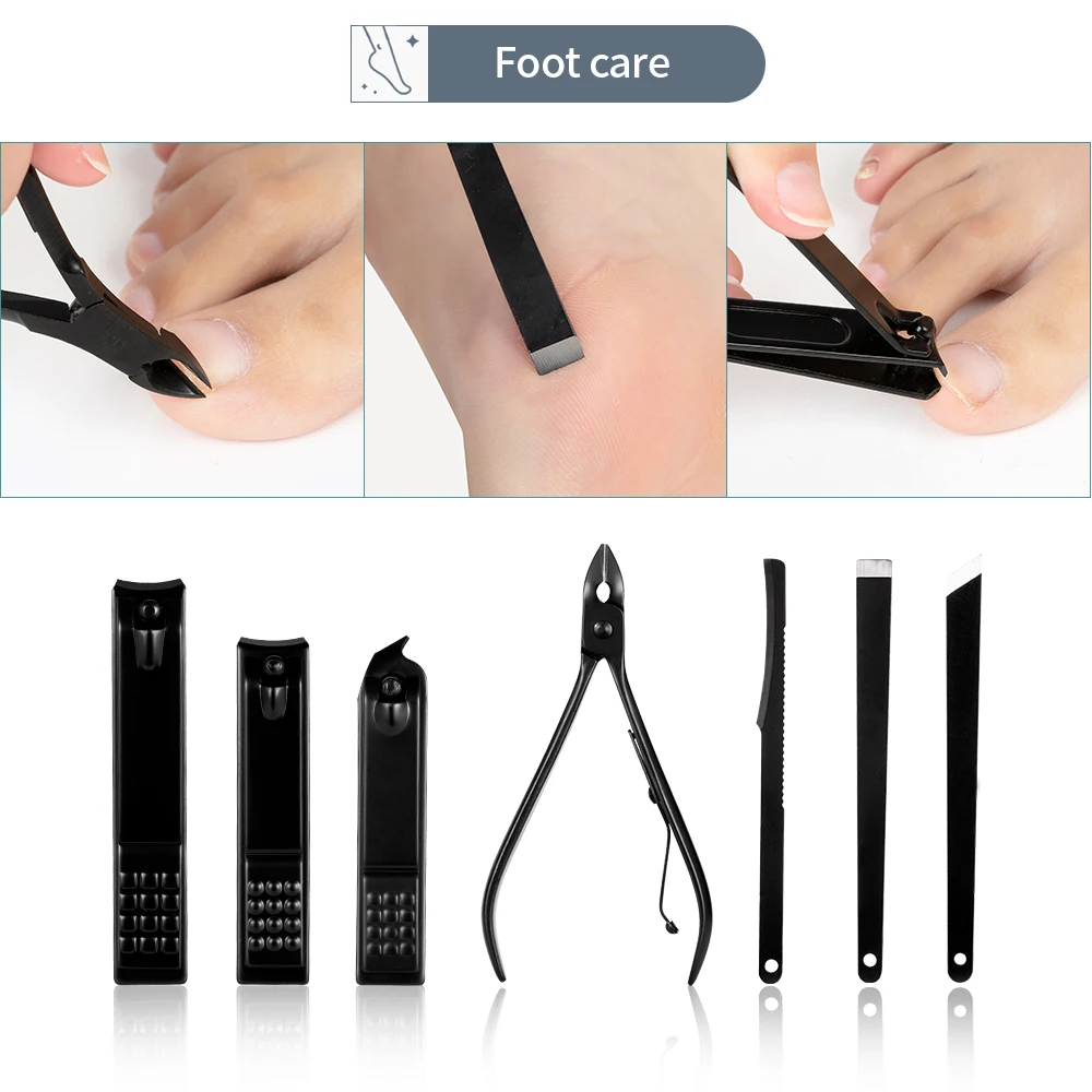 Aço inoxidável preto Nail Clipper Set, Manicure Nail Scissors, Pedicure Kit, Nippers, Trimmer, Care Tool com Travel Case