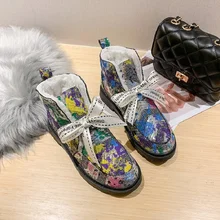 Зимние Роскошные Дизайнерские Лоскутные ботинки с принтом граффити; женские Ботинки martin на толстом каблуке; блестящие бархатные женские ботинки с блестками и бантом для девушек