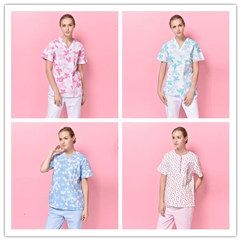 

Floral Print Mediecal Scrubs Nurse Uniform Women Beauty and Health Medical Suit Lab Coat Cap Clinical Uniforms Dropshopping