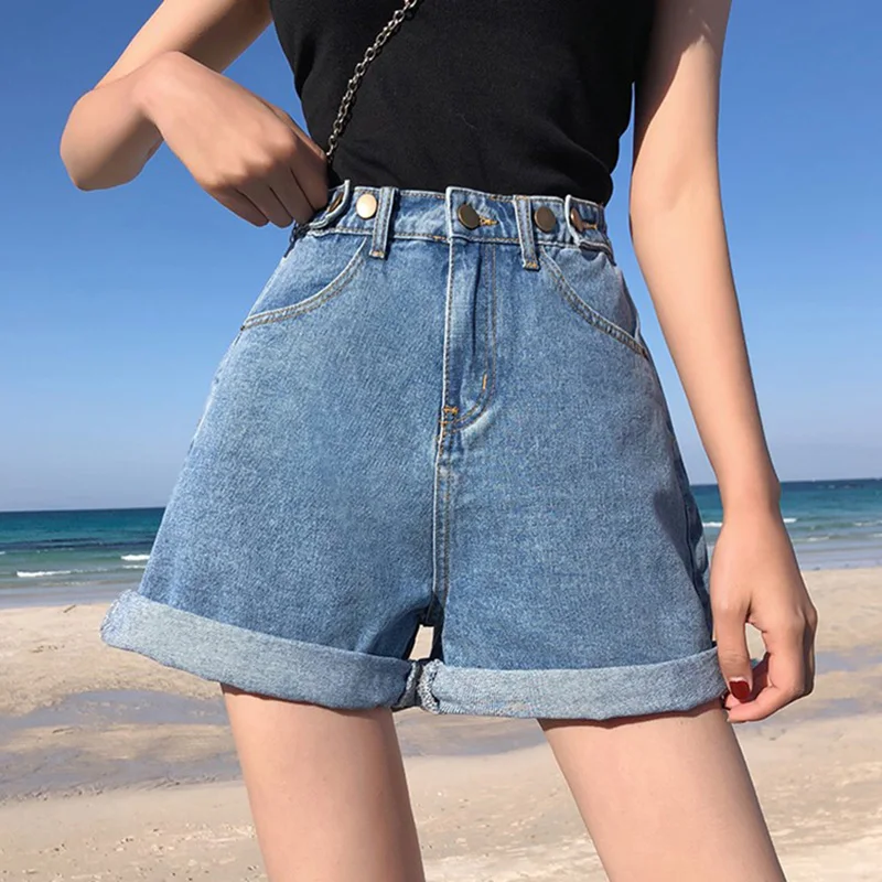 Женские джинсовые шорты Классические винтажные с высокой талией синие широкие женские летние женские шорты