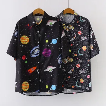 Night Sky Print Shirt Fashion Women Retro Chiffon Blouse Summer Short Sleeve Loose Blouses