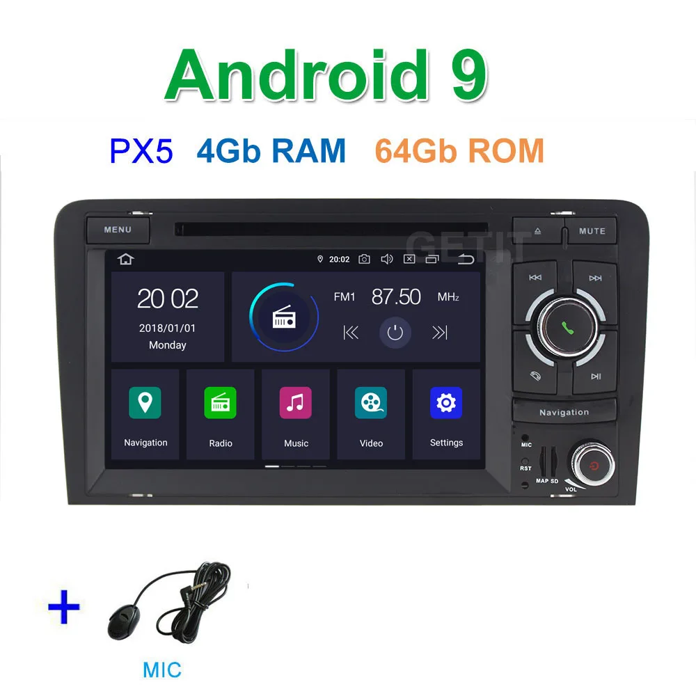 PX6 Android 9 Автомобильный DVD стерео плеер для Audi A3 2003-2011 с WiFi BT Радио gps навигация - Цвет: PX5 4G-RAM 64G-ROM