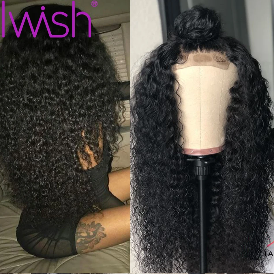 Естественный цвет Iwish Glueless 13x4 Курчавые Кудрявые человеческие волосы на кружеве для женщин 150 предварительно выщипанные индийские волосы remy прозрачный парик на кружеве - Цвет: Естественный цвет