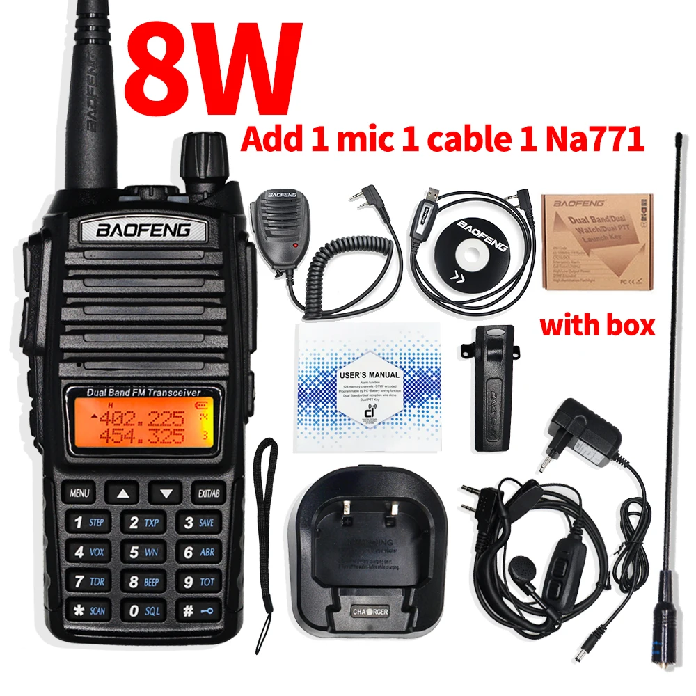 Baofeng UV-82 иди и болтай Walkie Talkie 8 Вт Мощность Портативный двухстороннее радио UV82HP Tri-Мощность двойной PTT Ham CB радио 10 км UV82 охотничий оптический трансивер - Цвет: 8w add mic cable ant