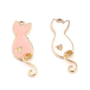 

Doreen Box Cute Cat Animals Charms Pink White Enamel Heart Metal Gold Color Women DIY Making Earrings Necklace Jewelry,10PCs
