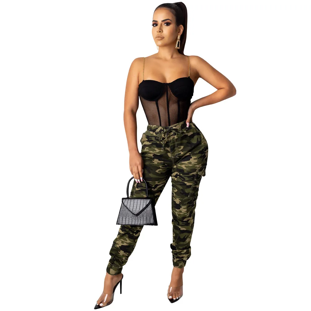 camouflage Повседневные камуфляжные комбинезоны с высокой талией для женщин; сезон осень-зима; бандажные Клубные пикантные брюки-карго; женские уличные брюки; платье для бега - Цвет: camouflage