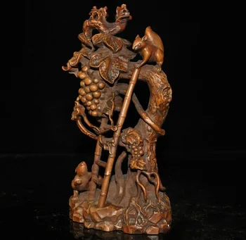 

wedding decoration Old Chinese Boxwood wood Carved Feng Shui squirrel grape auspicious Lucky statue
