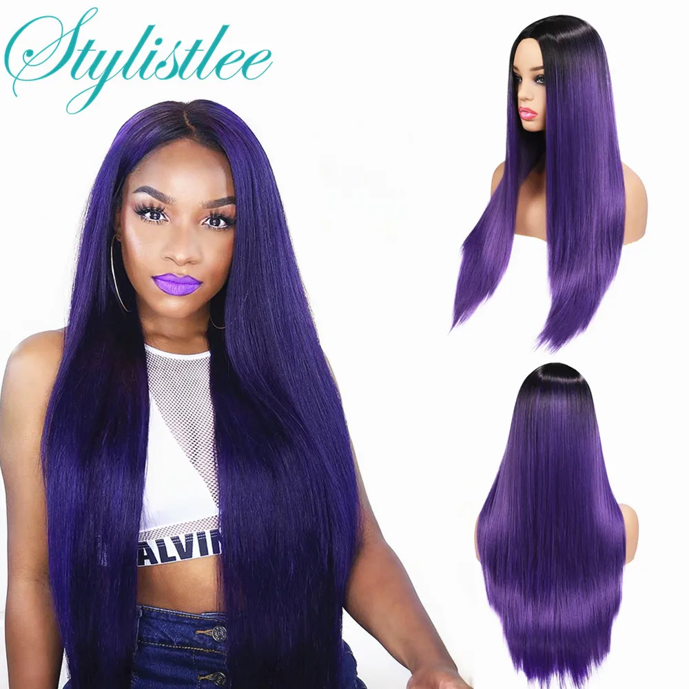 

13x4 Lace Front Human Hair Wigs 1B Purple Color Colored Highlight Long Straight Wigs Pre Plucked Remy Lace Wigs For Black Women