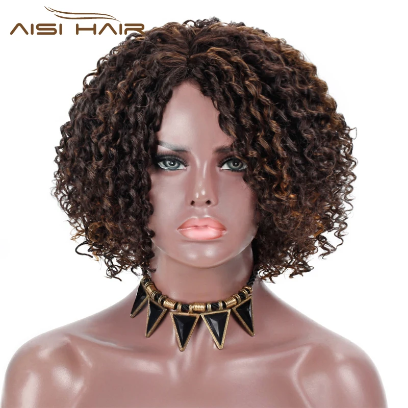 

AISI HAIR 14inches Afro kinky Curly Wig Mixed Black and Blonde Wig With Bangs Synthetic Short Wigs for Black Women