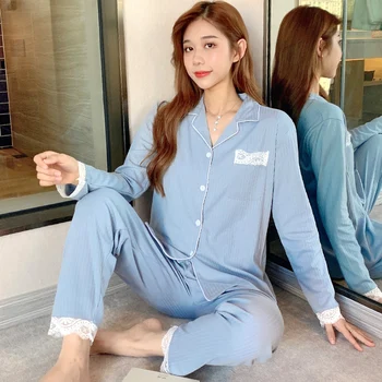 

Fashion Shirts Pants Homewear Elegant Turn-down Collar Long Sleeve Sleepwear Spring Autumn Pajamas Women