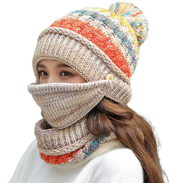 Fleece Lined Pom Beanie Scarf Mask Set 