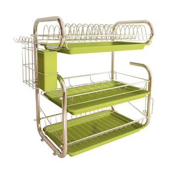 

3 Tiers Wrought Iron Dish Drying Rack Drainer Storage Shelf With Drainboard For Kitchen Shelf - Silver + Green/Silver + White
