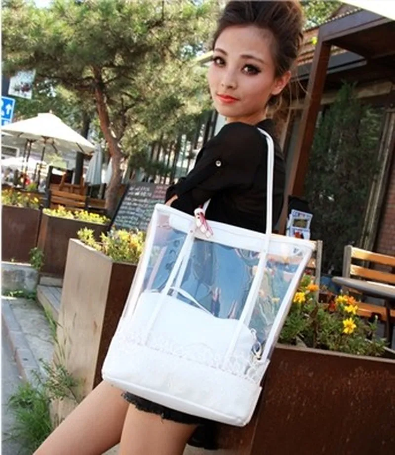 Billede af 2020 Fashion Women Lace Bags Beach Bag Shoulder Bag Fashion Handbag Plastic Clear Pvc Bag Large Transparent Bag Tote White Black