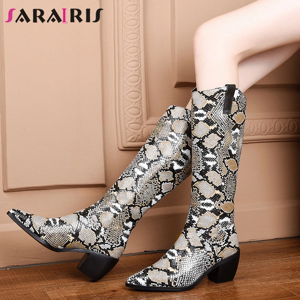 

SARAIRIS Plus Size 34-46 Fashion New Snake Veins Prints Retro Mid Calf Boots Ladies Chunky Heels Shoes Woman Party Boots Women