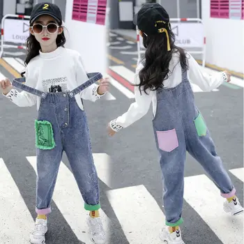 

New Fashion Kids Jumpsuit for Girls Denim Dungarees Jumpsuit Jumper for Kids Overalls Pants for Children Patches Jeans Clothing