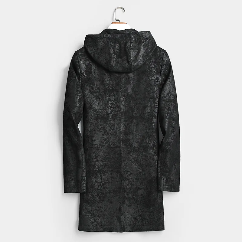 

Men's Genuine Jacket Hooded 100% Goatskin Coat Mens Print Leather Jackets Windbreaker Chaqueta Cuero Hombre 2201 YY443