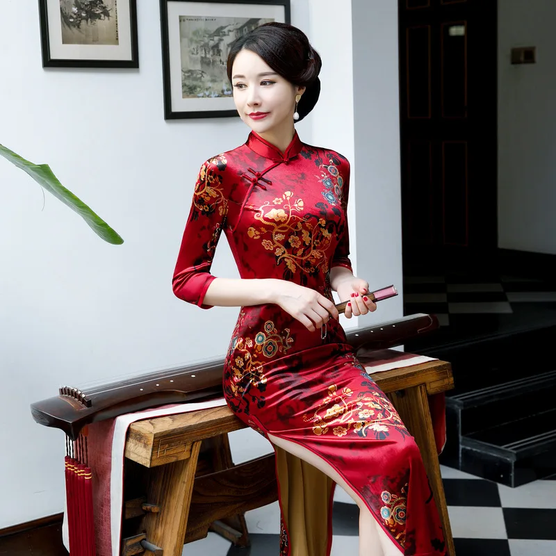 Новинка весны Дамы Велюр Cheongsam китайский стиль воротник стойка длинное платье женские Qipao тонкие Вечерние платья Vestido S-5XL