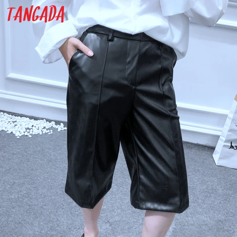 Tangada fashion women faux leather black pants trousers pockets buttons lady knee length pants pantalon 6A319